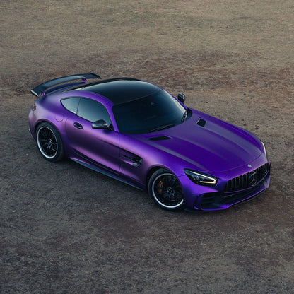 Mercedes-AMG GT wrapped in Matte Metallic Eminence Purple vinyl wrap upper view.